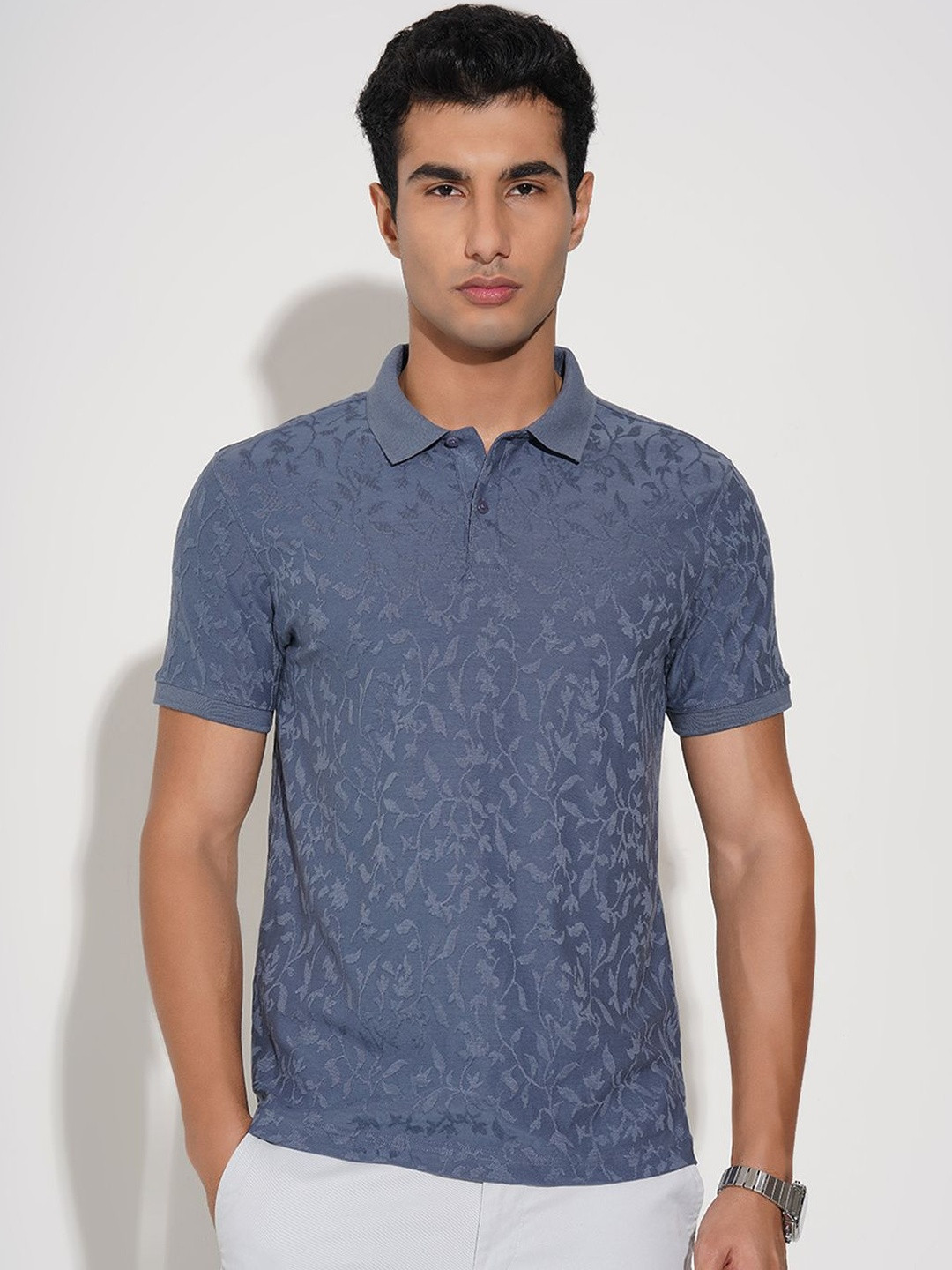 Peregrine by Pantaloons Floral Self Design Polo Collar Slim Fit T-shirt