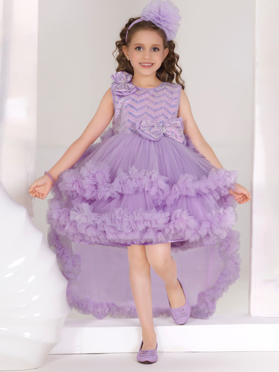 Lagorii Girls Sequin Bow With High-Low Ruffle Party Frock