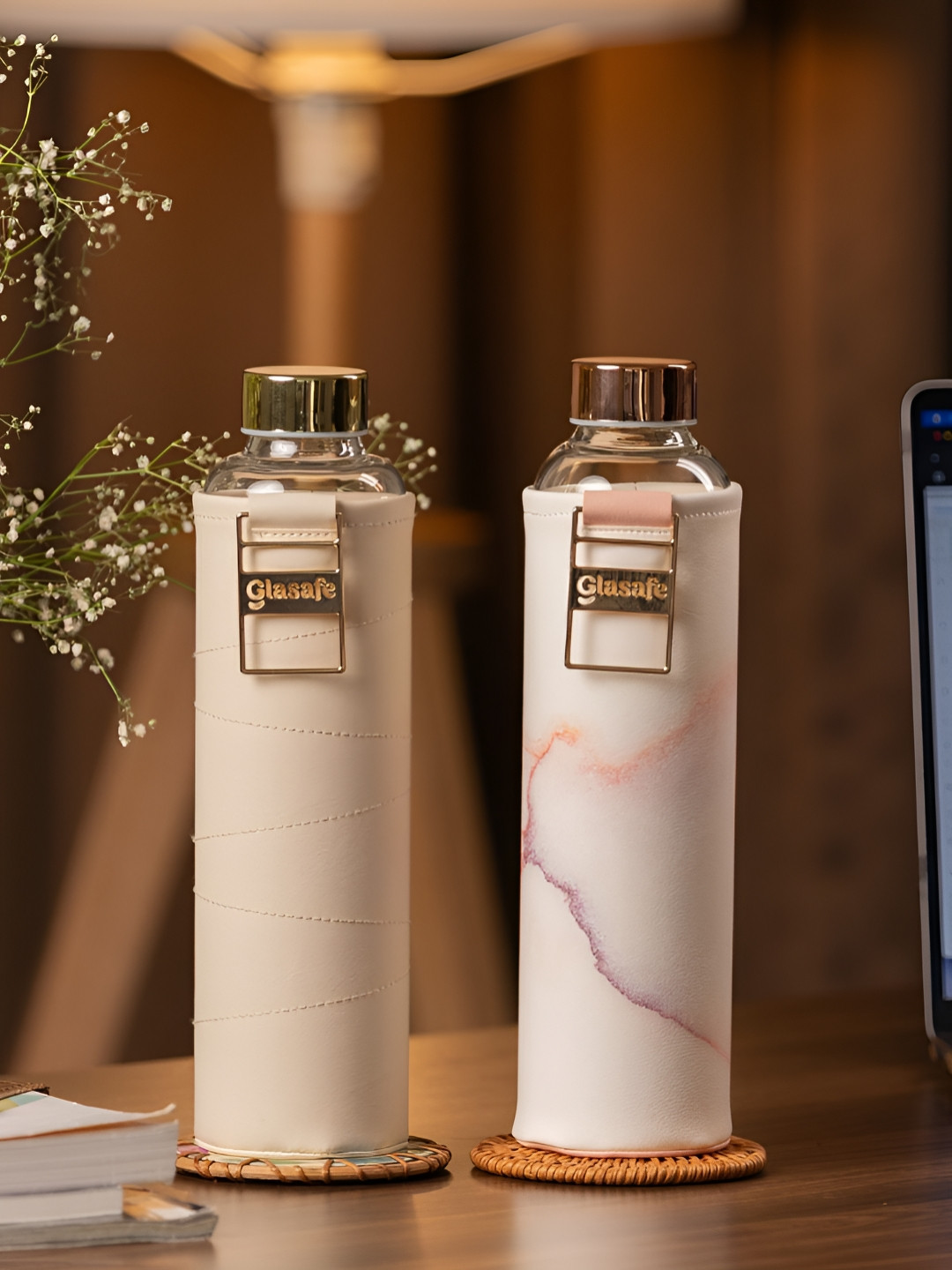 GLASAFE Coral & Beige 2 Pieces Glass Single Wall Vacuum Water Bottles 750 ml Each