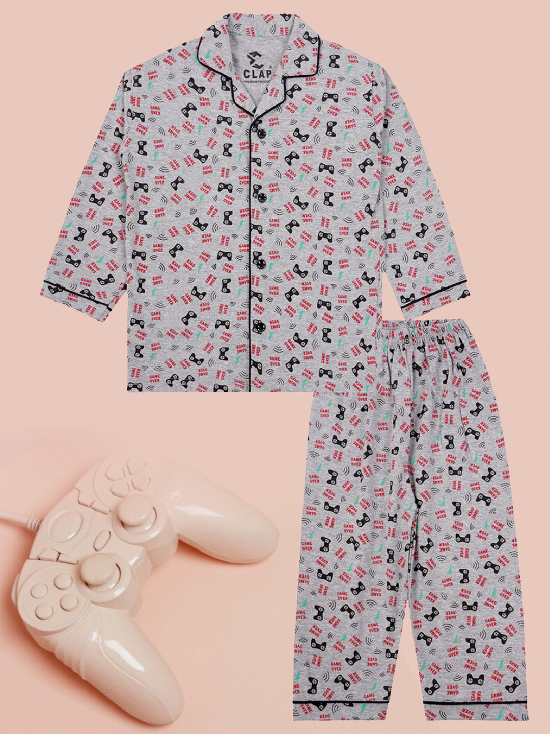 CLAP Boys Typography Printed Lapel Collar Pure Cotton Shirt With Pyjamas