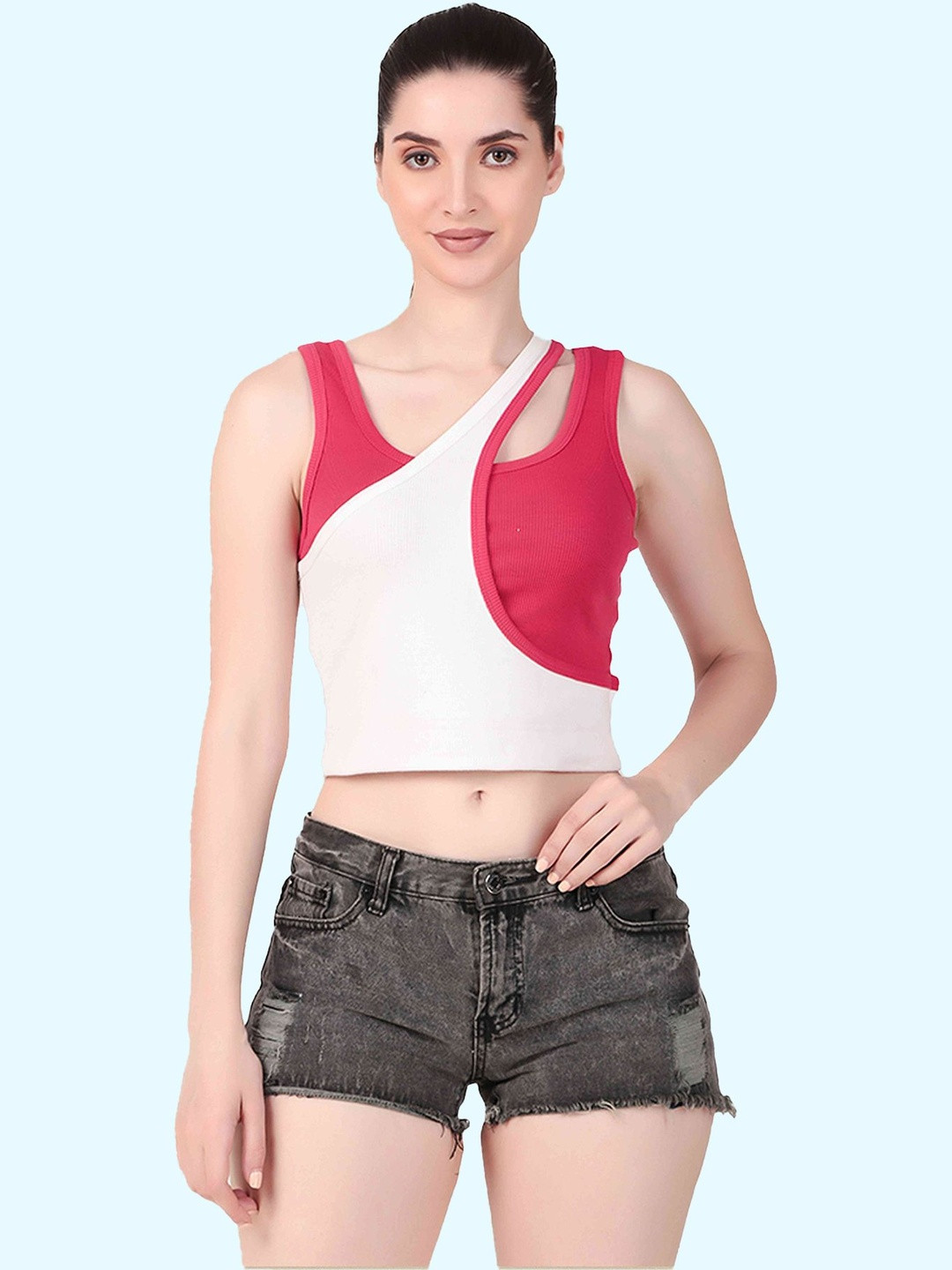 SSTAIR Women Colourblocked Scoop Neck Cut Out Tank Crop Top