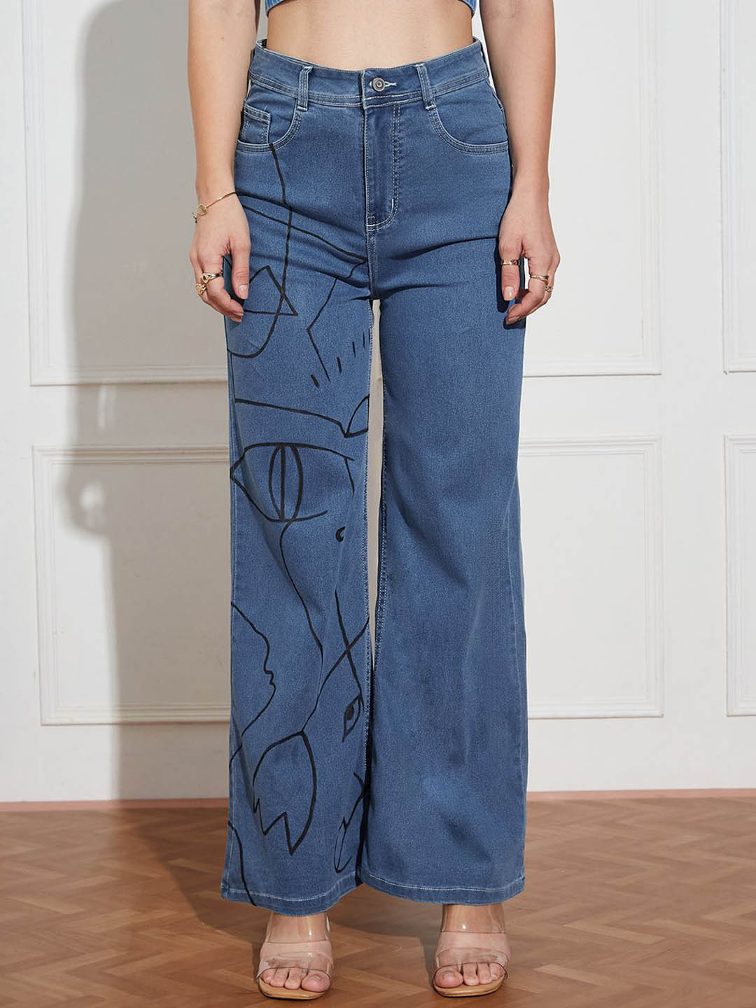 Miss Chase Women's Wide Leg High Rise Hand Painted Clean Look Stretchable Denim Jeans