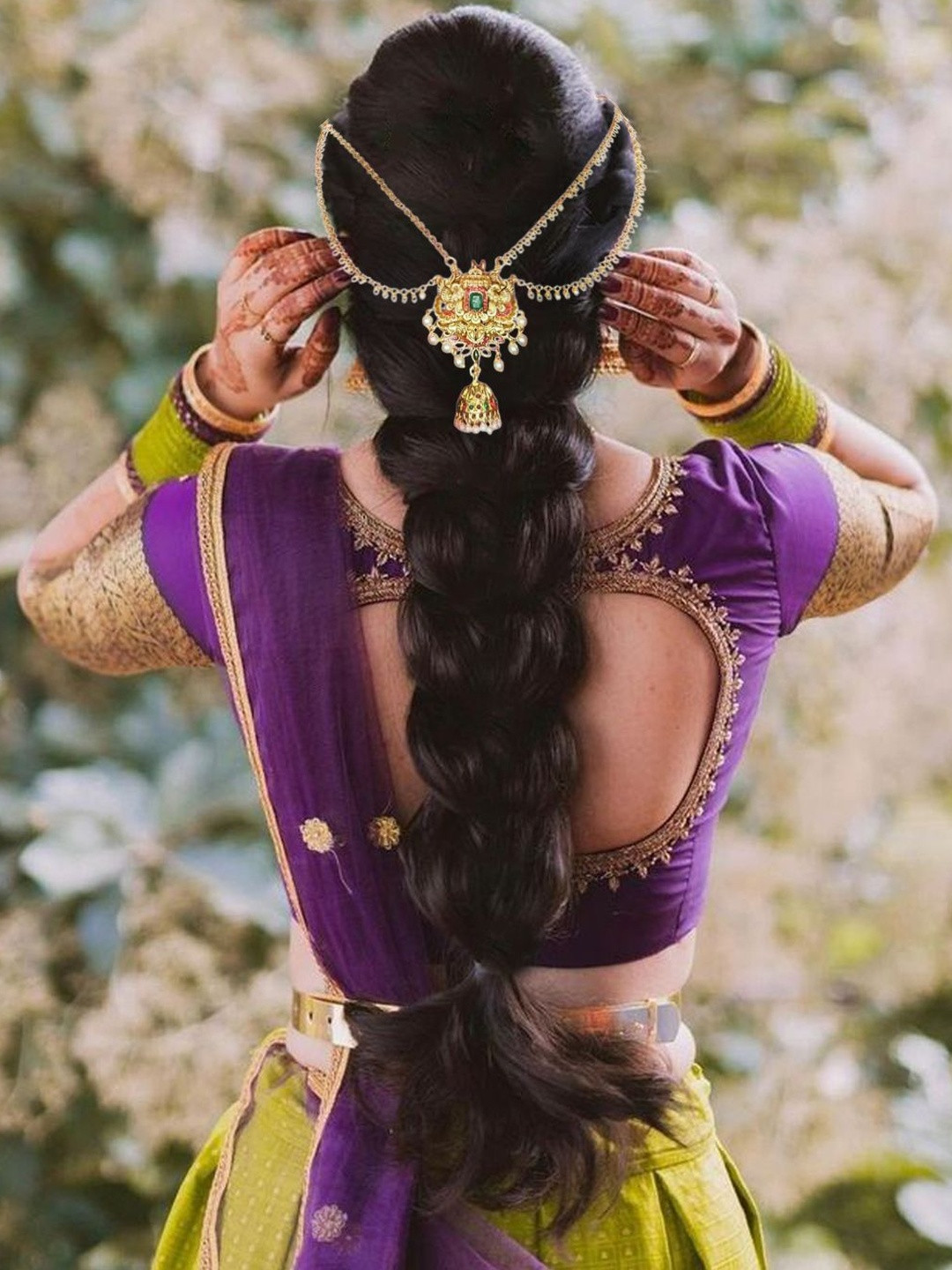 VAGHBHATT Women Lakshmi Motif Temple Bridal Jada with Side Pearls Chains Hair Accessory