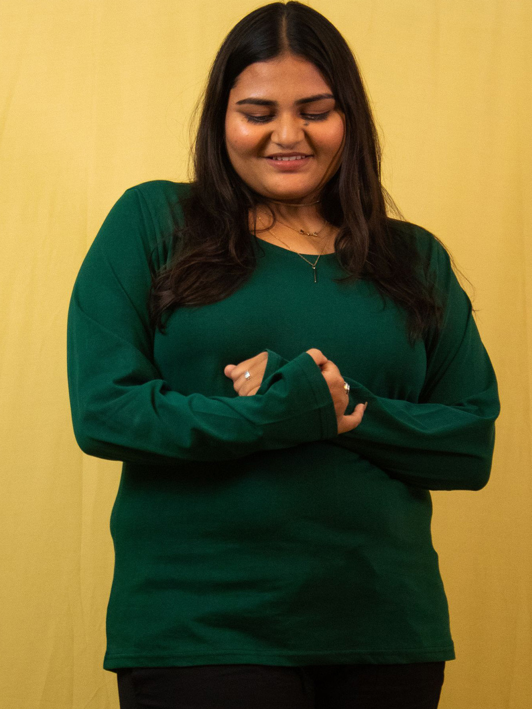 GlamZei Women Plain Solid Color Full Sleeves Round Neck Pure Cotton T-Shirt