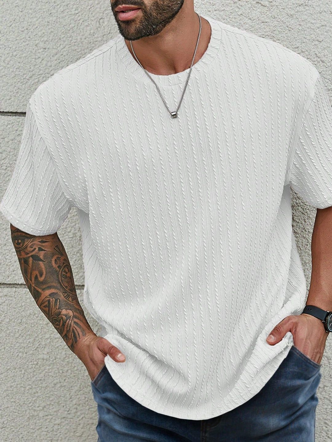 RAHI TRENDZ Men Self Design Round Neck Relaxed Fit T-shirt