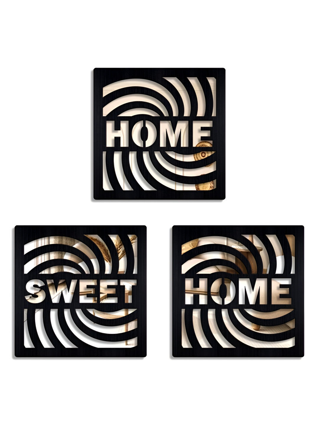 SEHAZ ARTWORKS Black 3 Pieces Textured Sweet Home Wooden Wall Decors