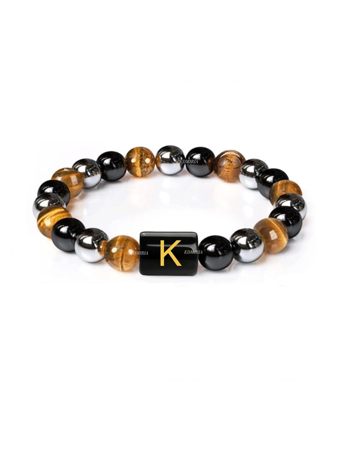 EDMIRIA Men Black Artificial Beads Initial Letter Ceramic Elasticated Bracelet