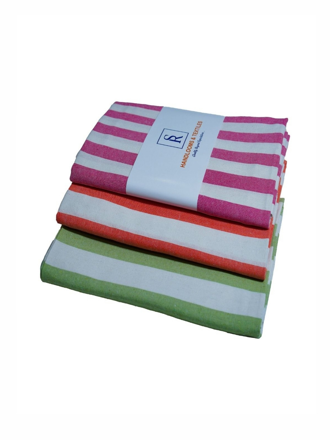 SR HANDLOOMS AND TEXTILES Green & Red 3 Pieces Striped Pure Cotton 400 GSM Bath Towels