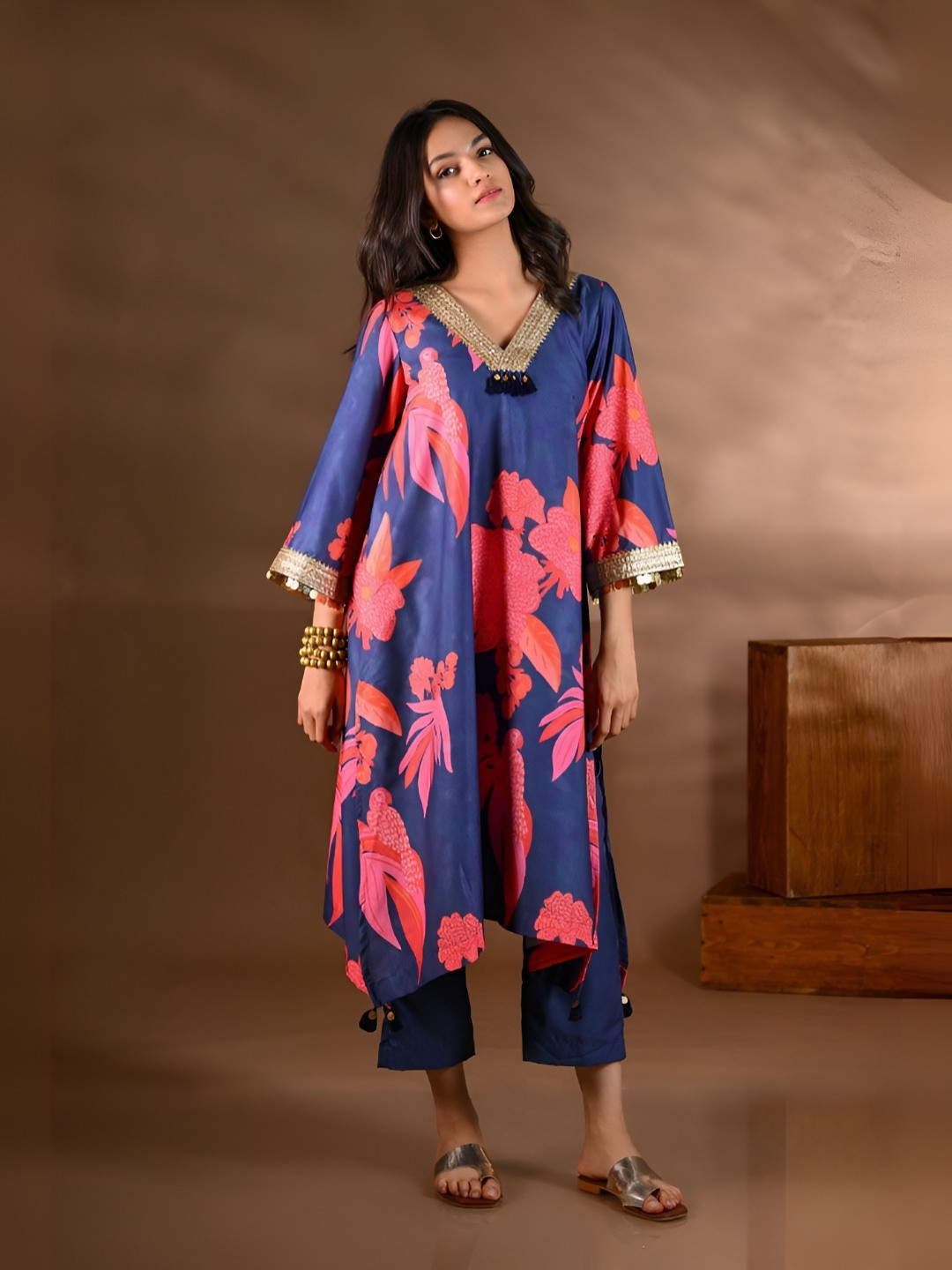 SHOP GULMOHAR Women Floral Printed A-Line Kurta with Trousers