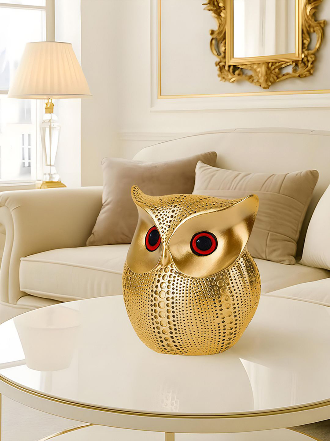 Kuber Industries Gold-Toned & Red Owl Idol Showpiece