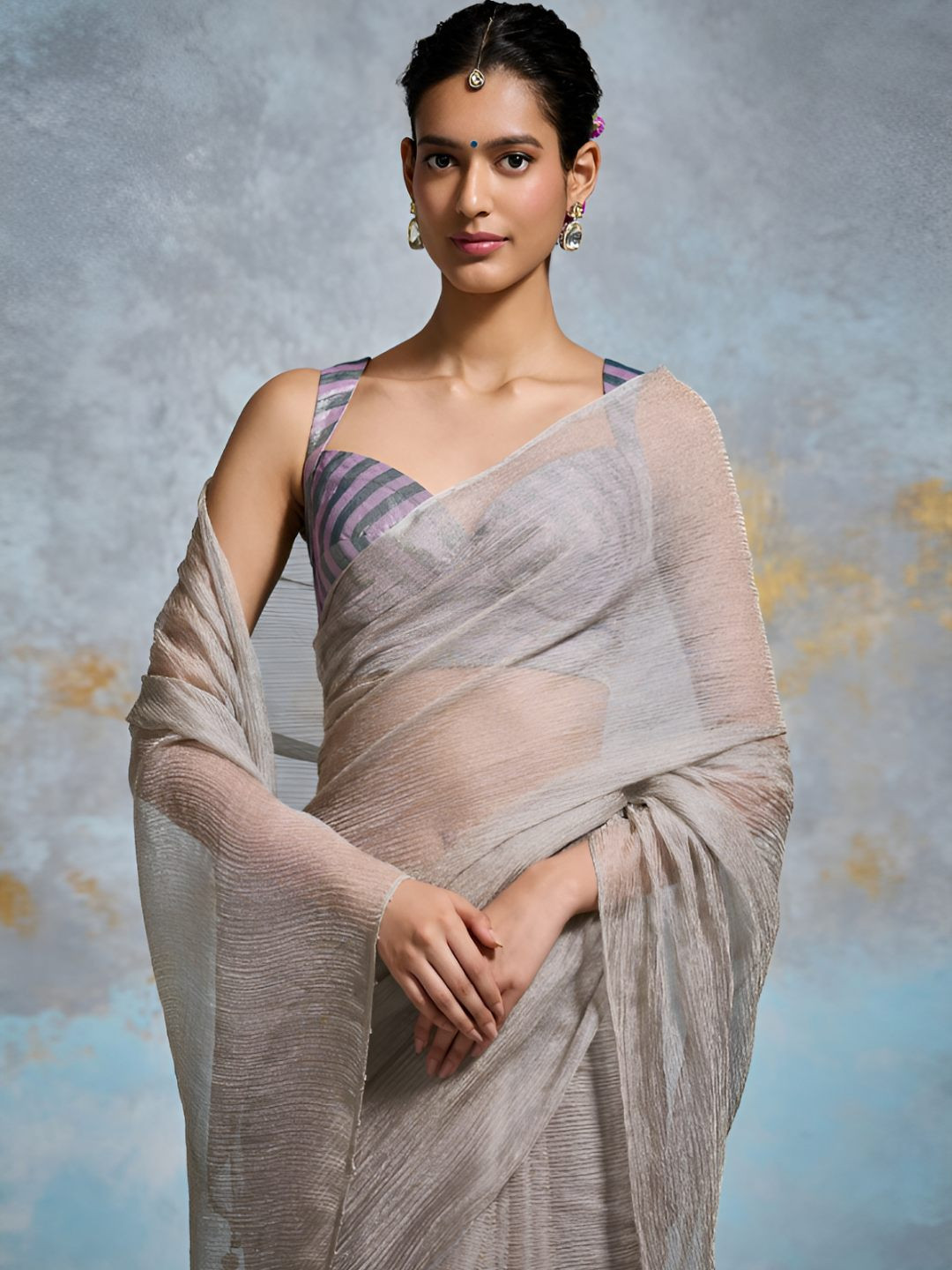 Dressfolk Women Silver Grey Banarasi Crinkled Tissue Saree with Signature Beaded Pallu