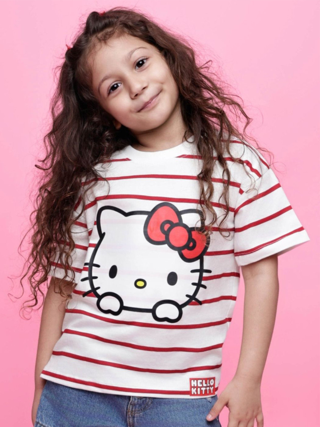 Nap Chief Girls Hello Kitty Striped Round Neck Cotton Boxy Fit T-shirt