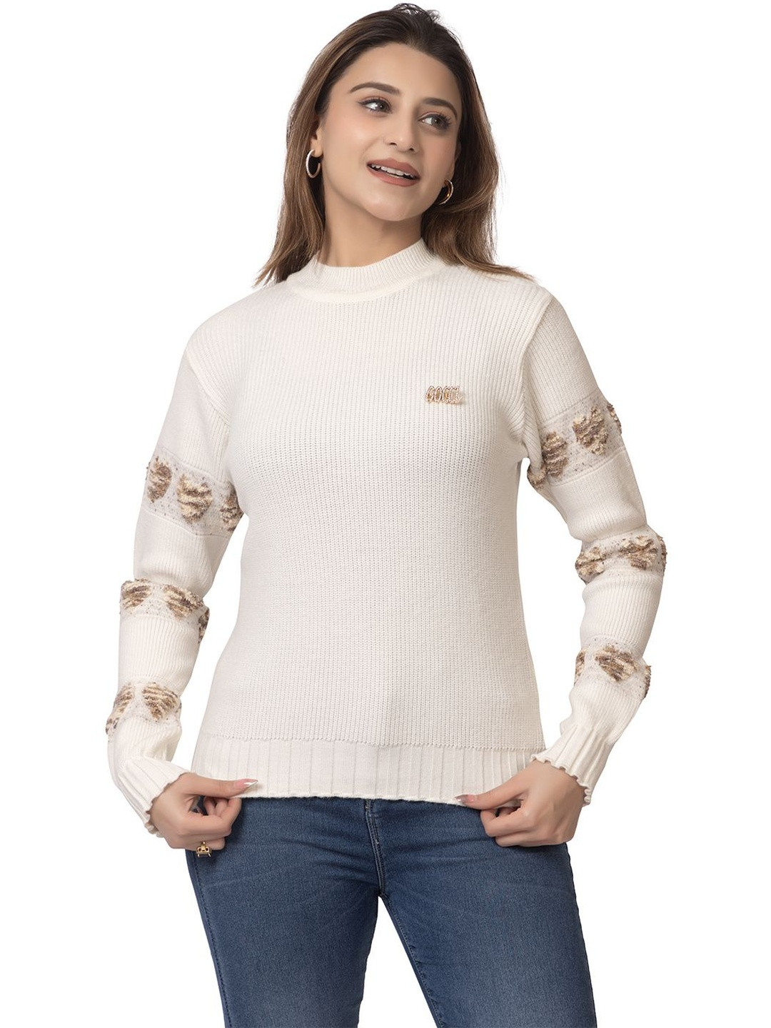 DressBerry Women White Self Design Woolen Top Type Sweaters