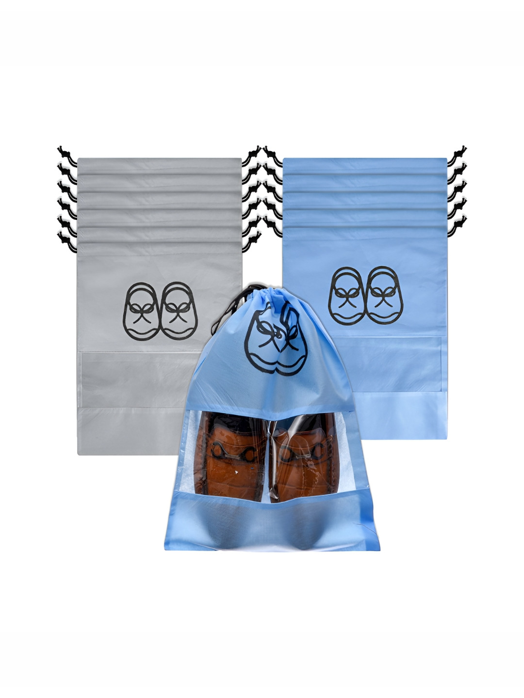 Aura Blue & Grey 12 Pieces Printed Shoe Covers With Drawstring