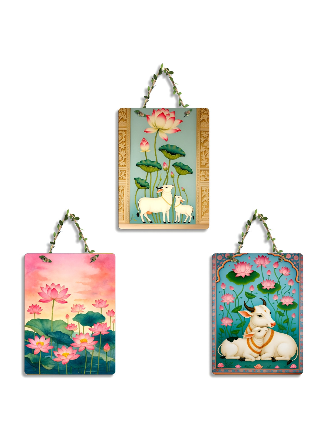 SEHAZ ARTWORKS Pink & Green 3 Pieces Floral Printed Wooden Wall Arts