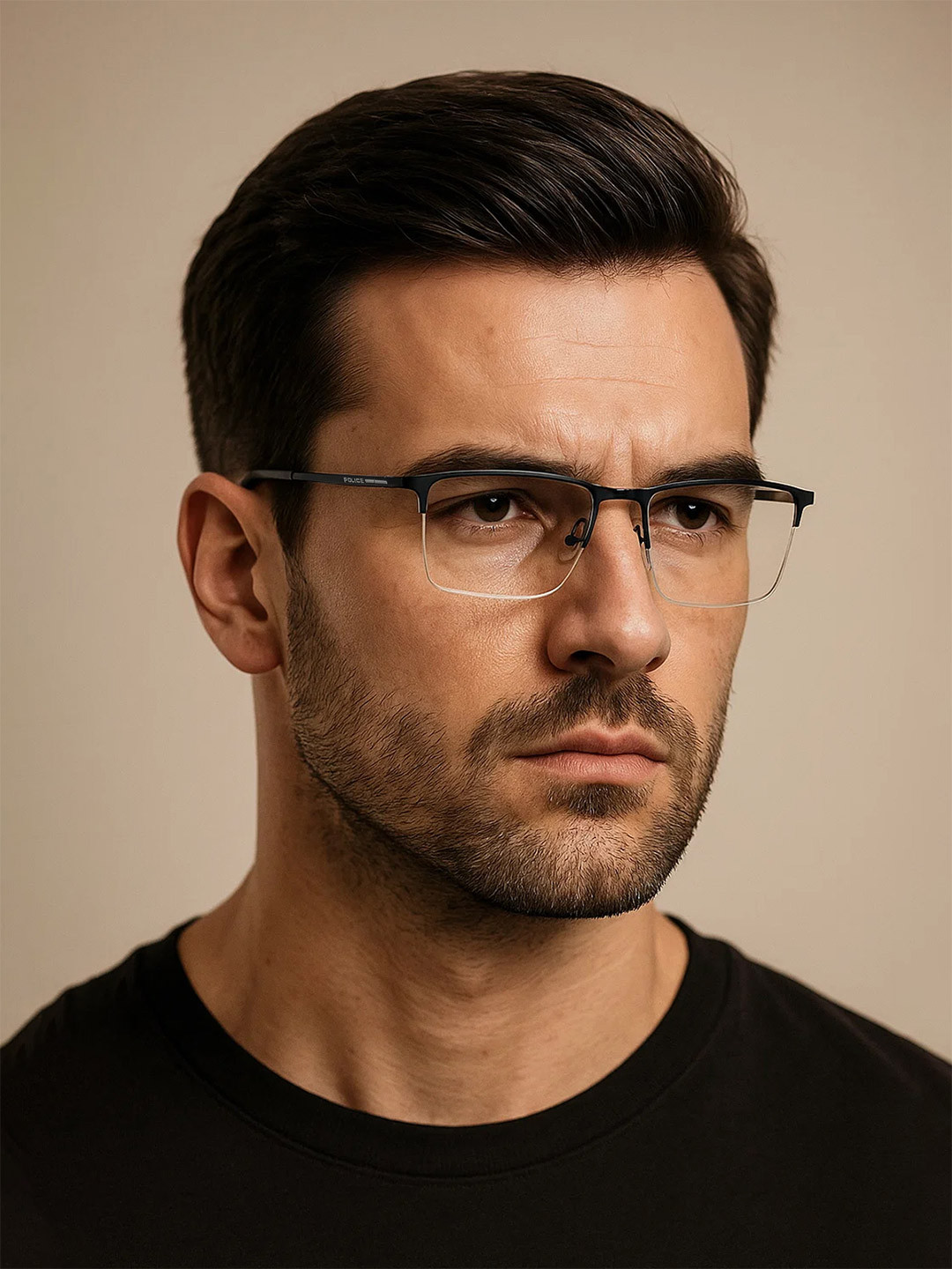 Police Men Black Half Rim Rectangle Frames