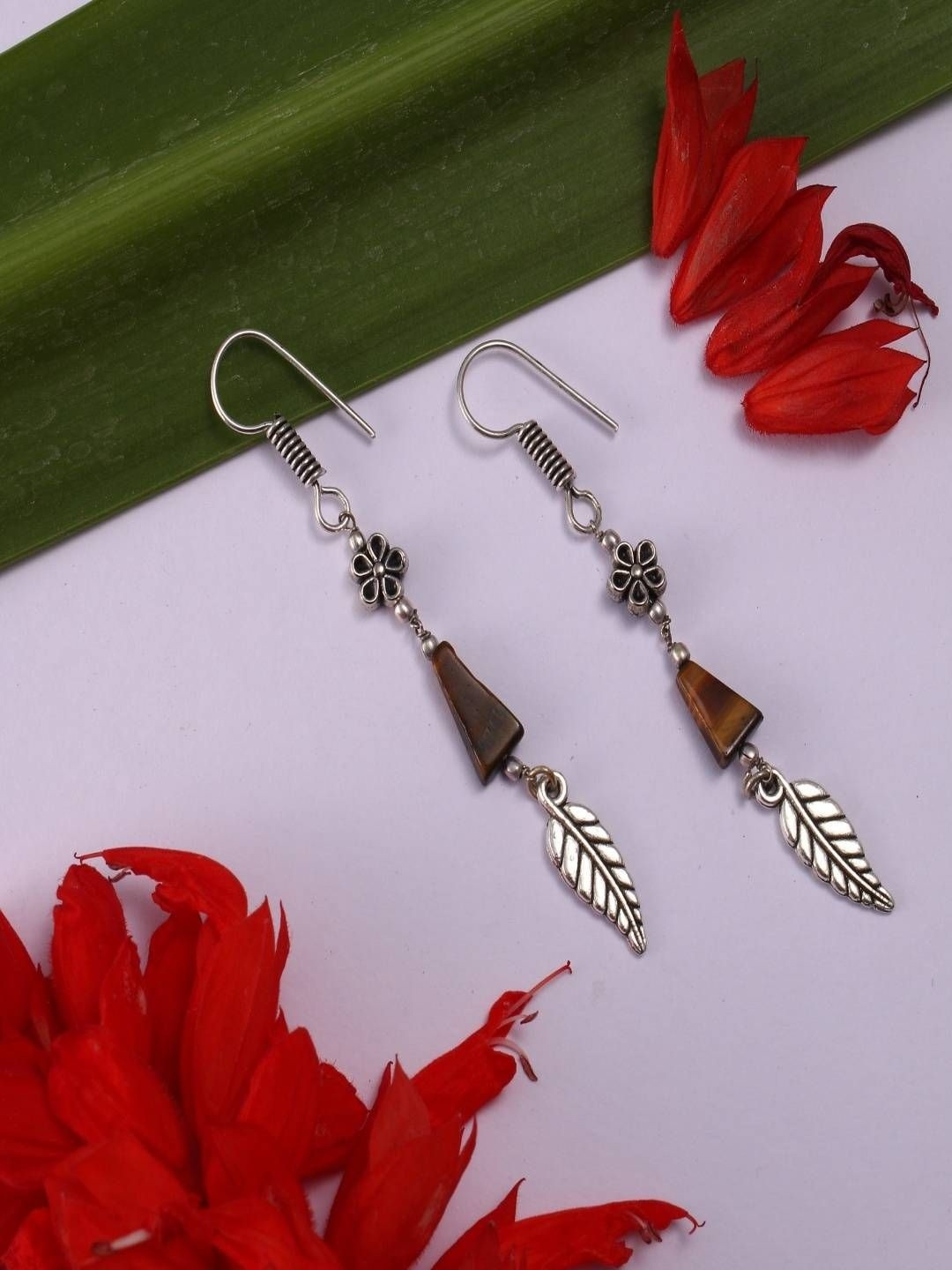 Shrim jewels Brass-Plated Oxidised Tigers Eye Beaded Floral Shaped Drop Earrings