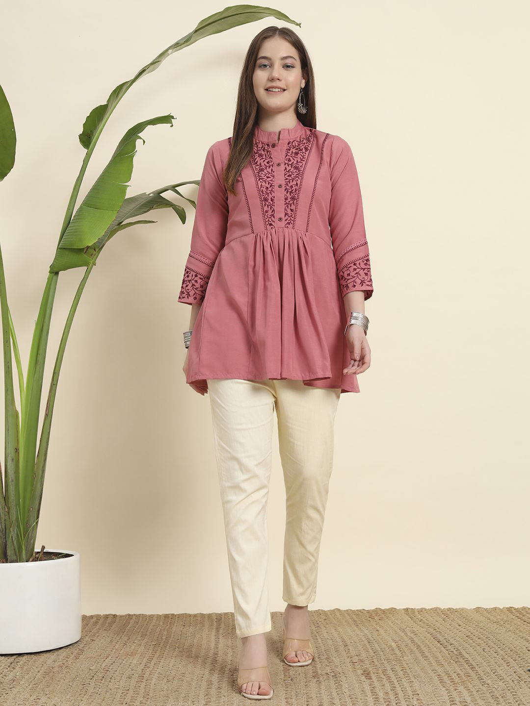 GLOSIA DESIGN Ethnic Motifs Embroidered Mandarin Collar Neck A-Line Kurta