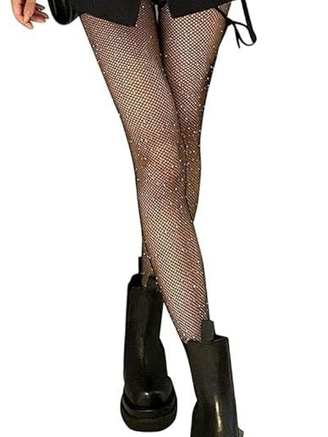 Eleg & Stilance Women Black Naylon Fishnet Stockings with Rhinestone Detailing