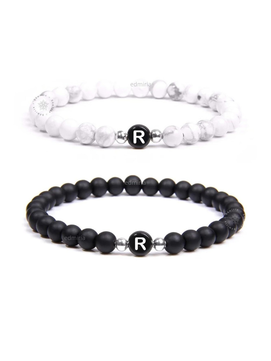 EDMIRIA Unisex Set of 2 Black & White Initial Letter Beaded Bracelet