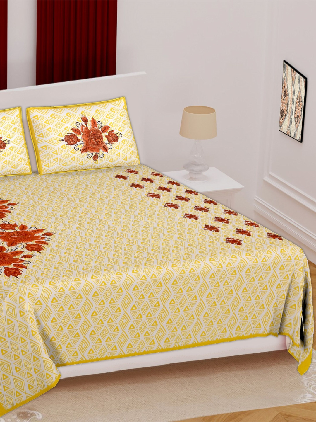 KD PRINTS Yellow Printed Cotton Flat 180TC Double Queen Bedsheet Set 0.76m