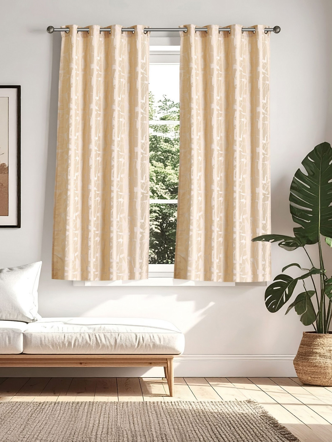 Home Centre Morris Bract Beige 2 Pieces Jacquard Room Darkening Window Curtains