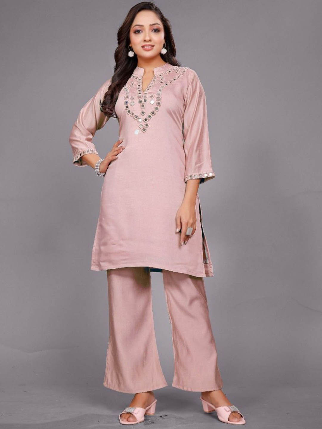 AUTUMN LANE Divya Salmon Mirror Work Embellished Mandarin Collar Tunic With Trouser