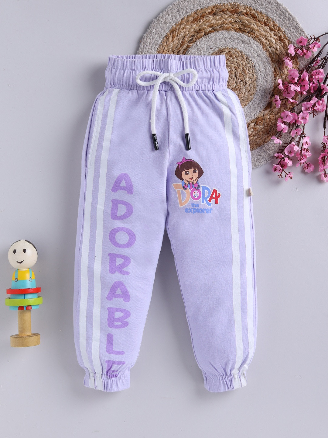 Happy Faces Girls Striped Dora Print Pure Cotton Joggers