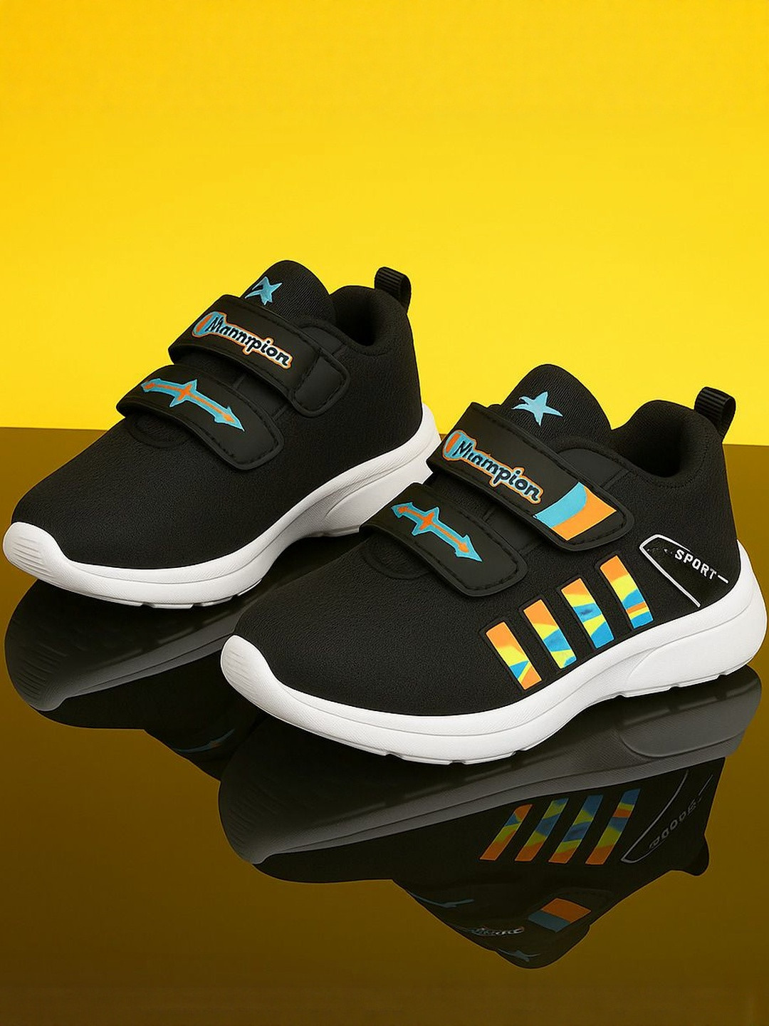 Trendmode Unisex Kids Black Mesh Velcro Closure Sports Shoes