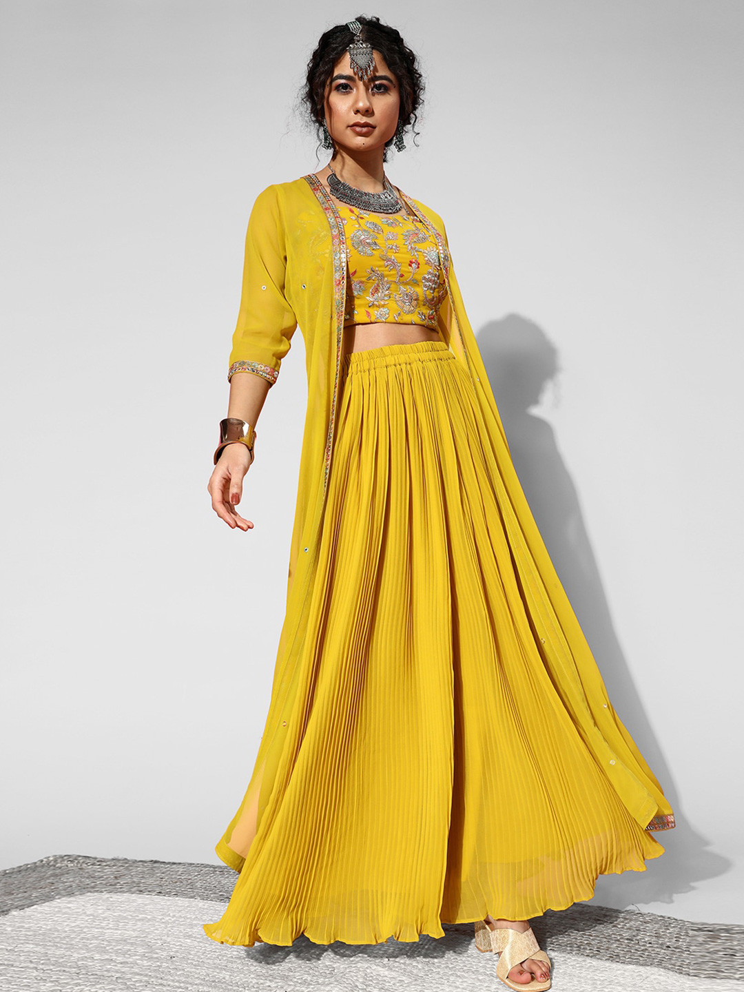 Yellow Embroidered Top with Solid Palazzos