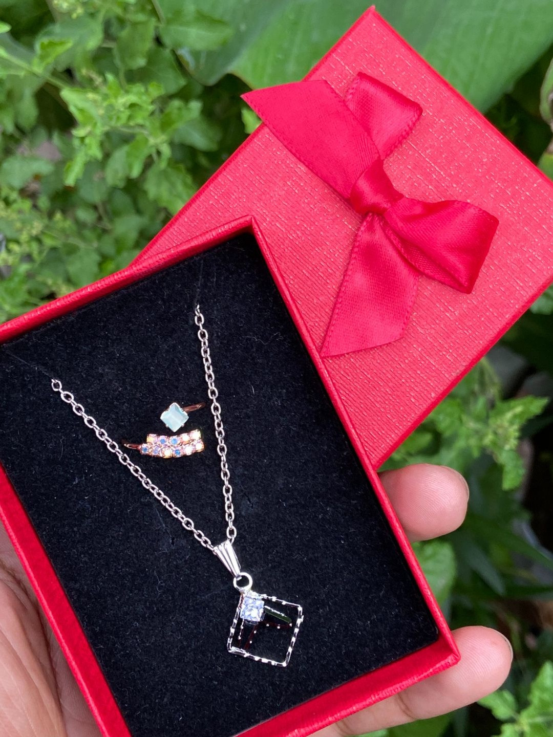 KALAFICIAL Women Silver Alloy Square Pendant Necklace with Matching Ring Jewellery set