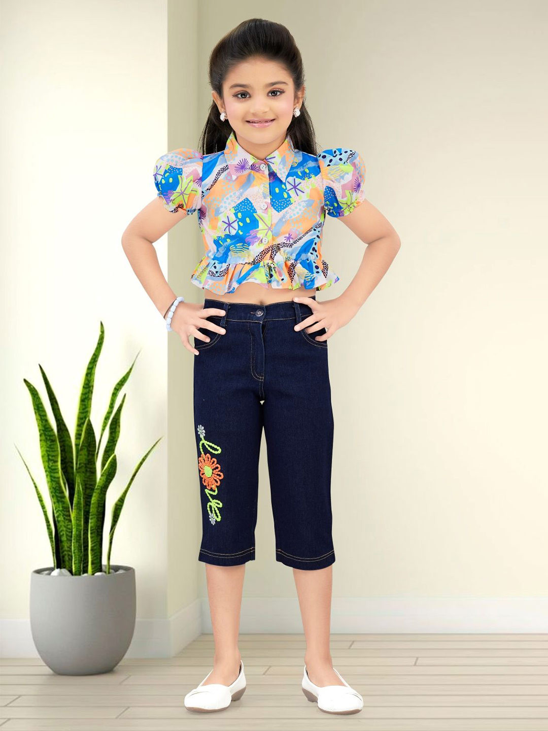 Lei-Chie Girls Printed Short Sleeves Linen Top With Capris