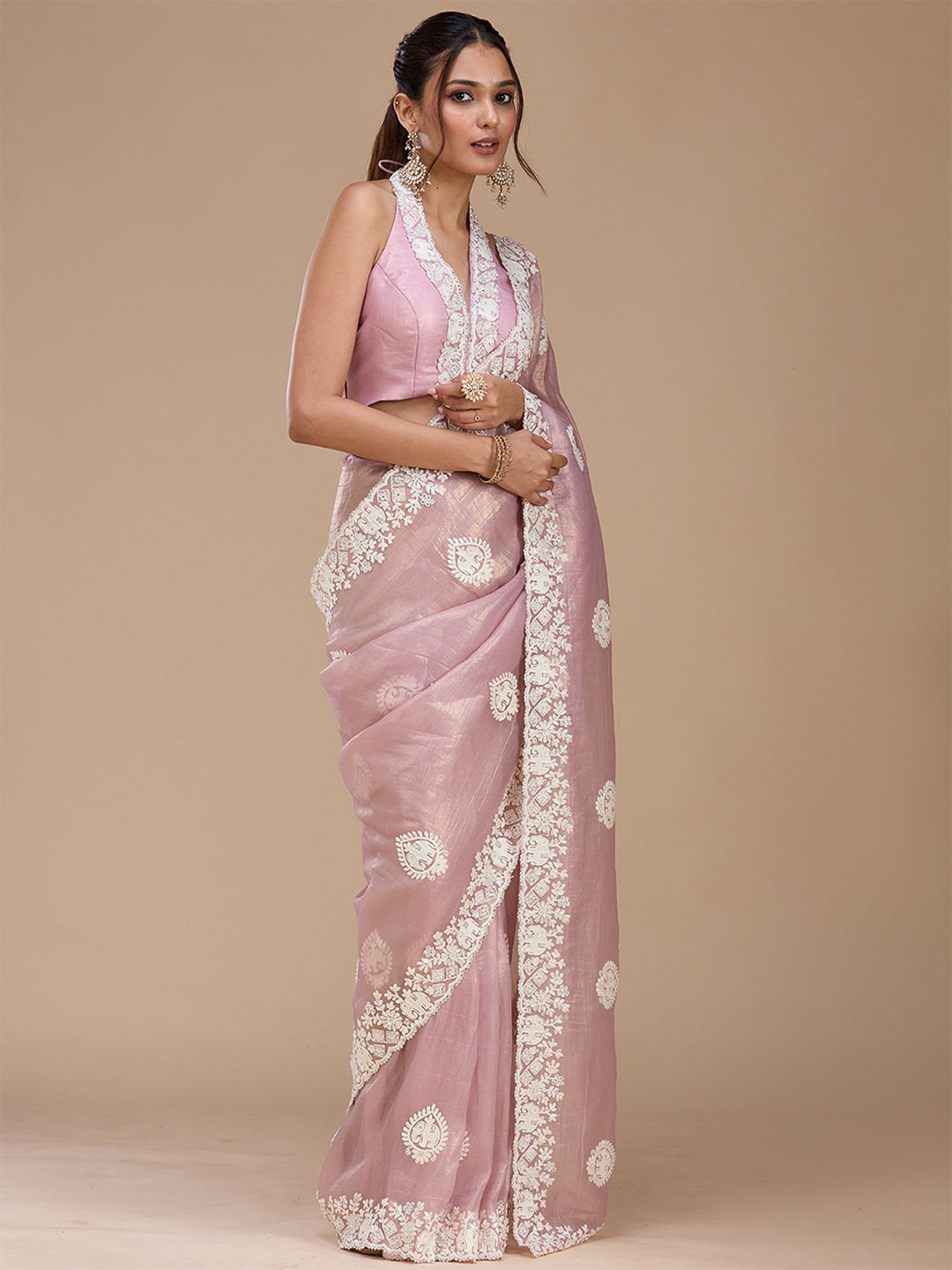 Koskii Mauve Pearlwork Tissue Saree