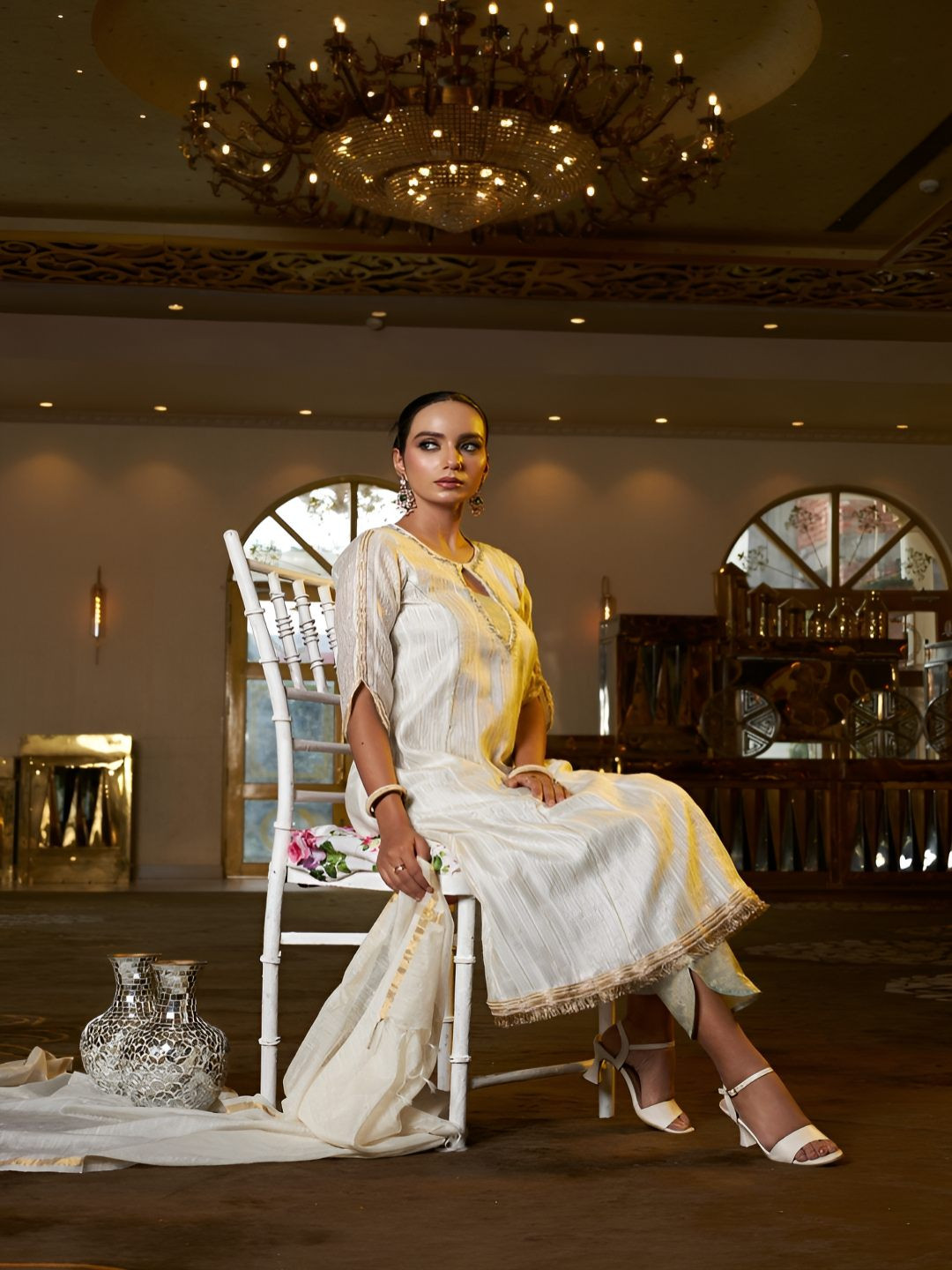 Undyed Women Regular Thread Work Kurta With Trousers & Dupatta Kurta Sets