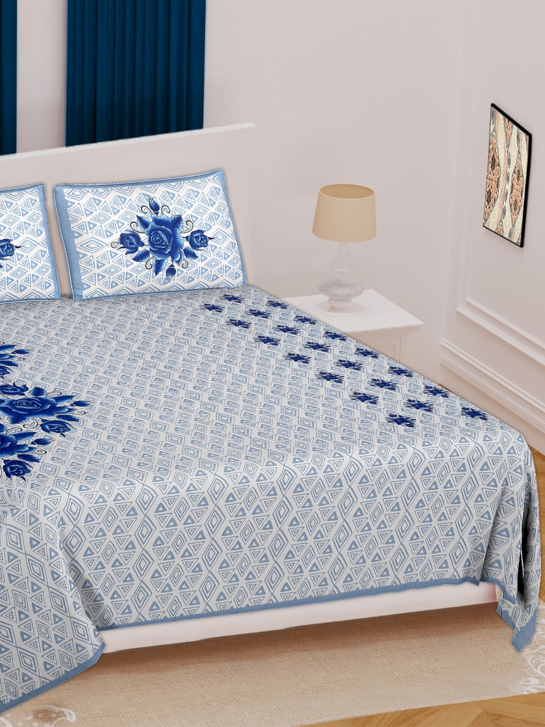 KD PRINTS Blue Printed Cotton Flat 180TC Double Queen Bedsheet Set 0.76m