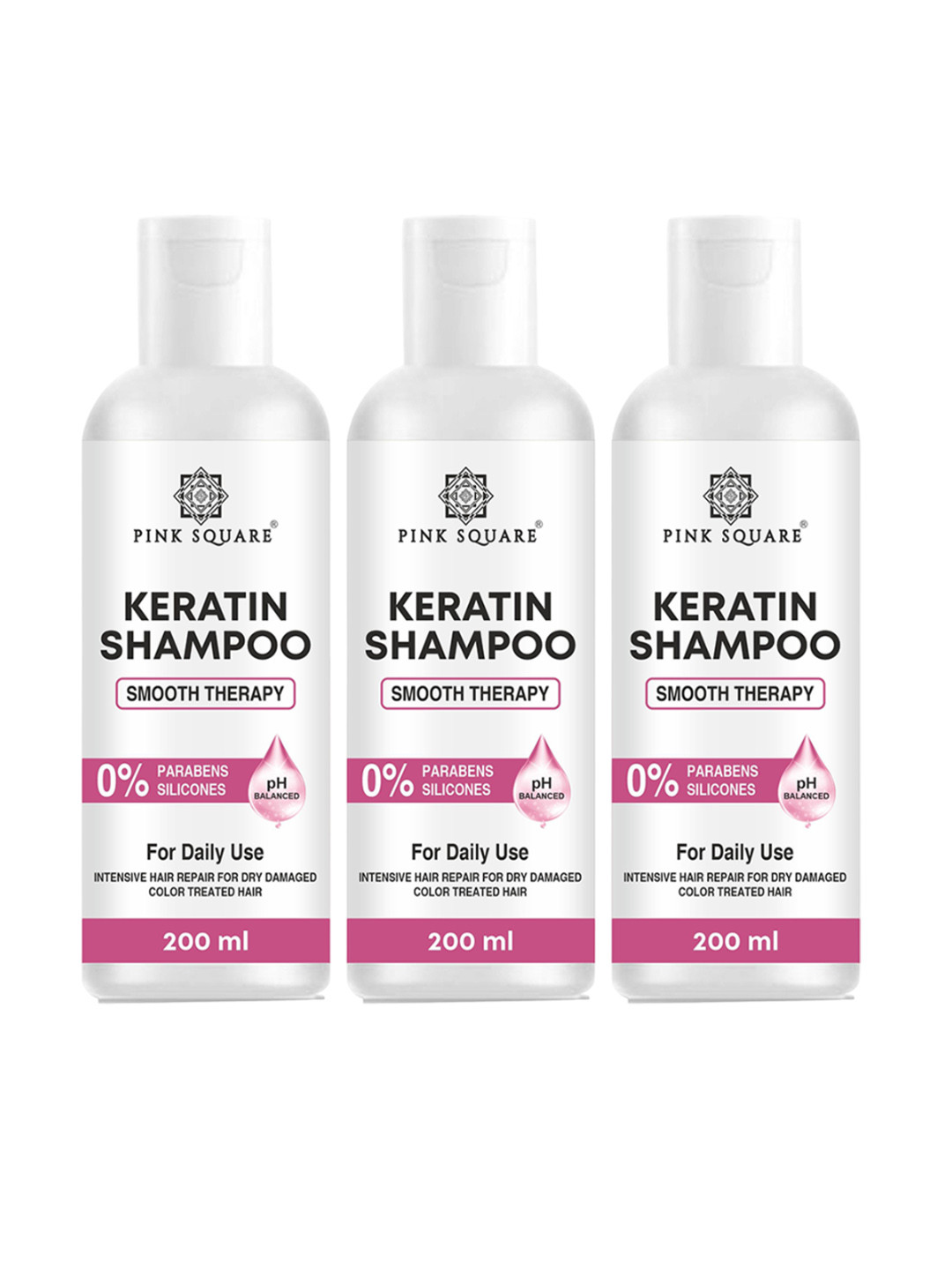 Pink Square Set Of 3 Keratin Shampoo For Damaged Hair - 200 ml Each