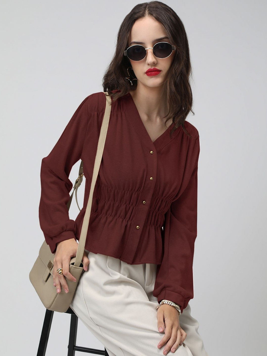SHOWOFF Women Maroon Solid Cotton Cinched Waist Tops
