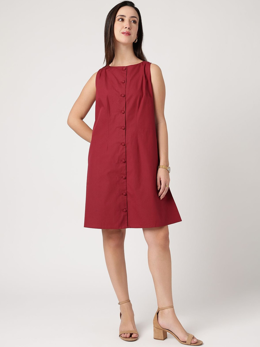 Strong And Brave Women Solid Cotton Round Neck Shift Dress