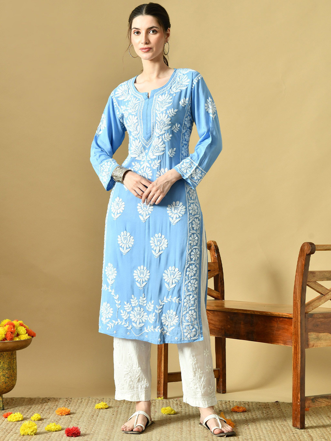 Syrish Women Blue Rayon Floral Embroidered Chikankari Kurta