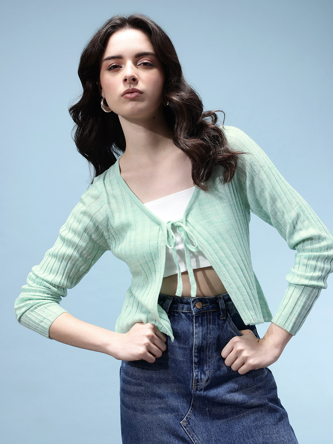 glitchez V-Neck Ribbed Crop Cardigan with Tie-Up Detail