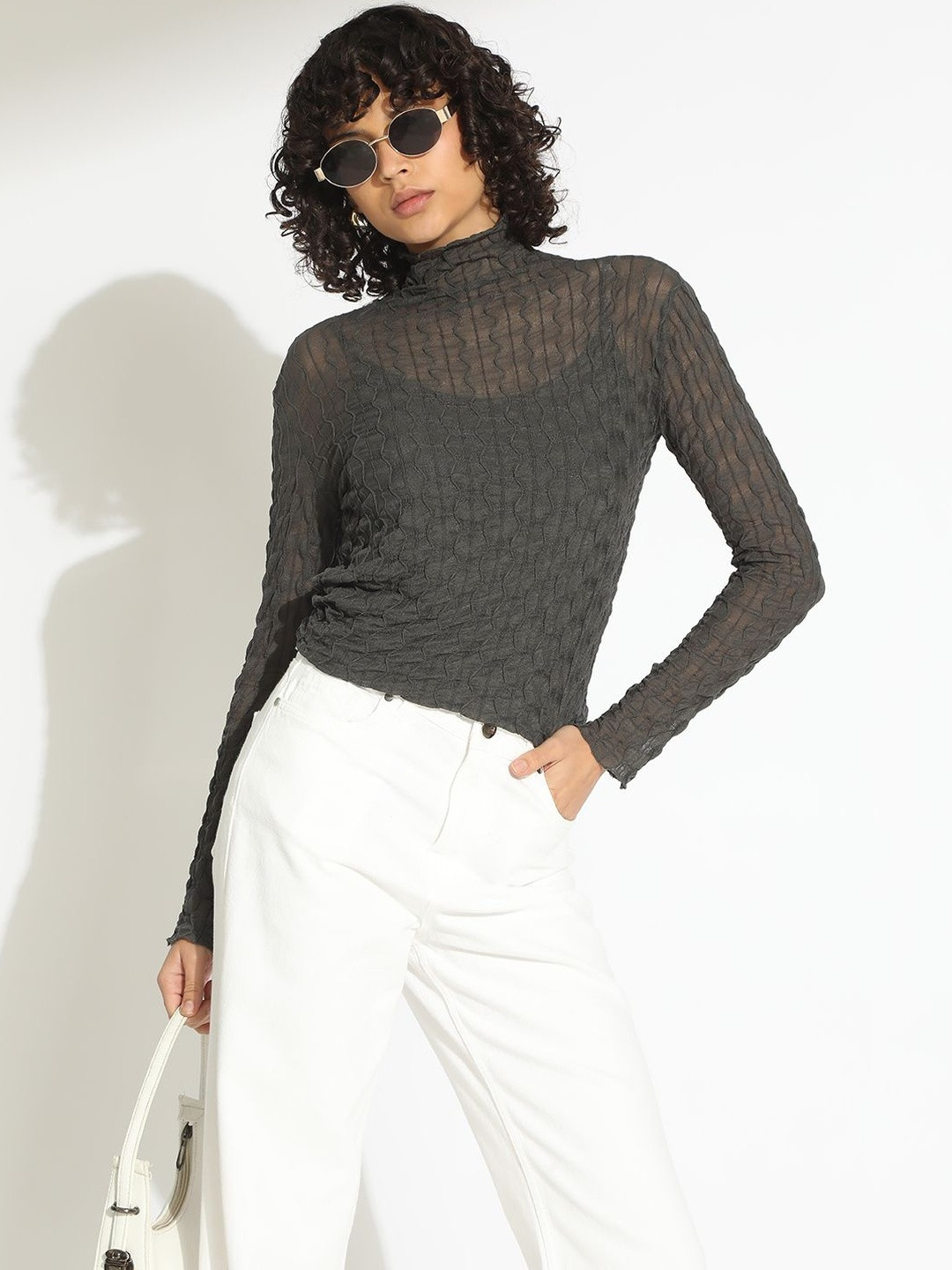 SHOWOFF Women Grey Fitted Net Top