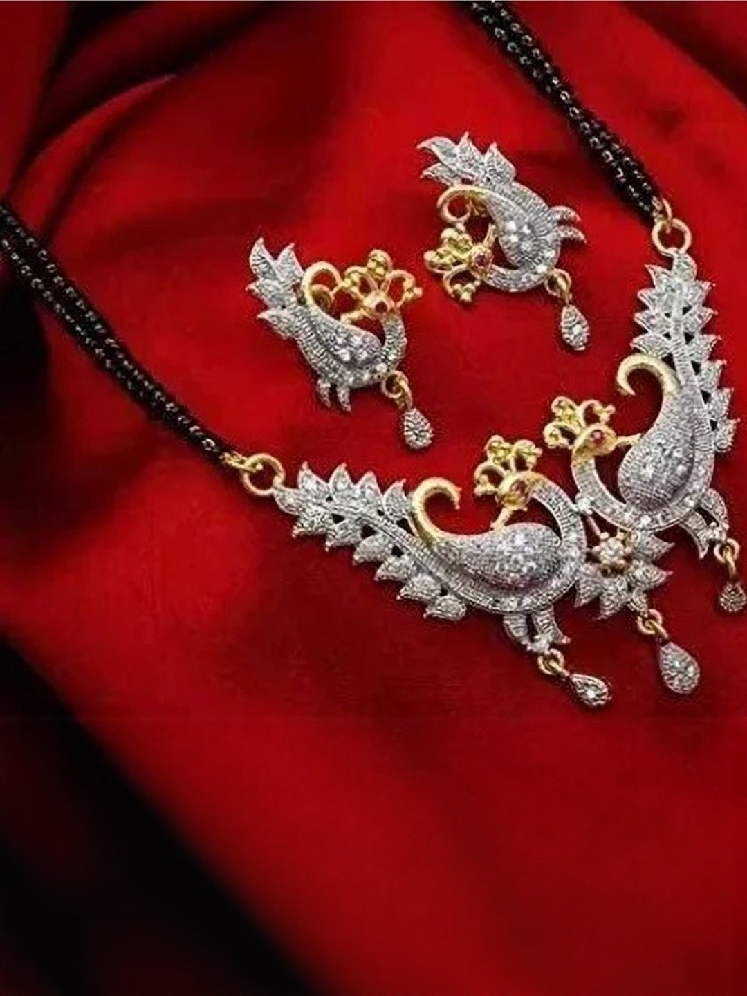 Global Ecom Women Gold-Plated White Stone Studded & Beaded Mangalsutra Set