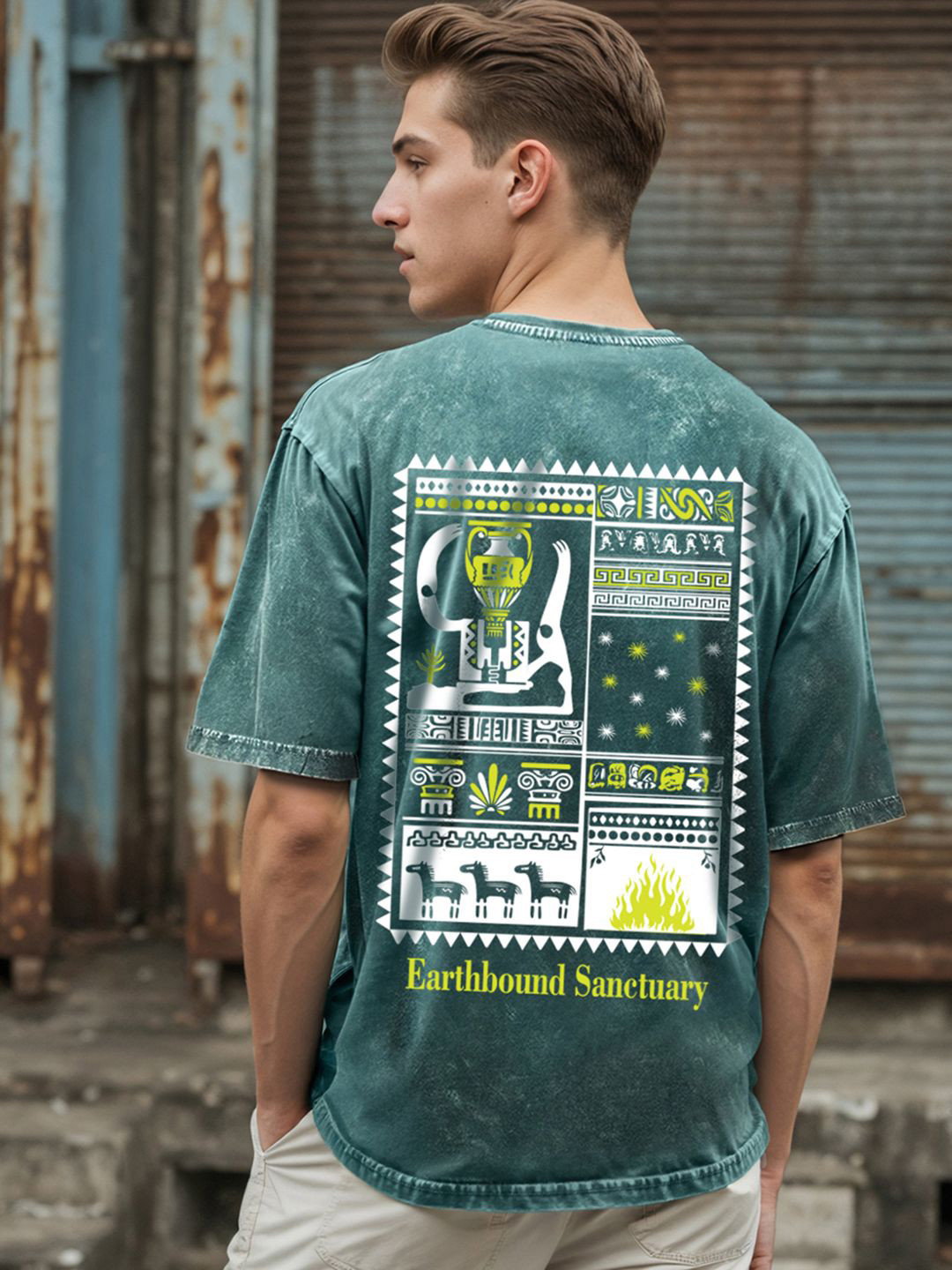 Bewakoof Men's Dark Sea Green Sanctuary Graphic Printed Oversized Acid Wash T-shirt