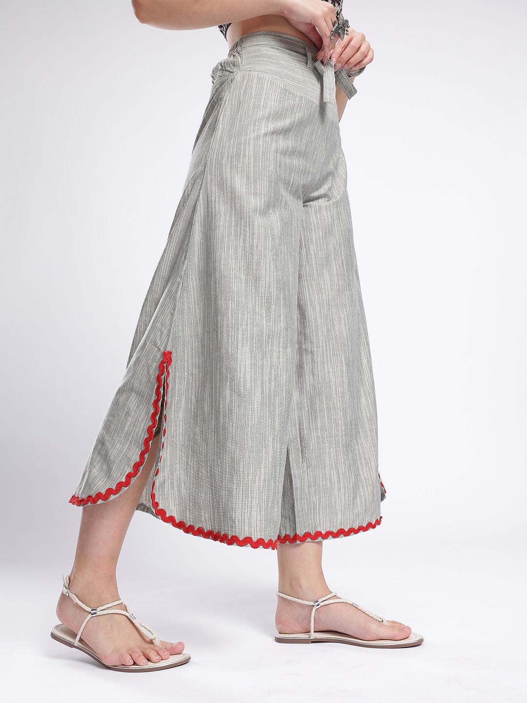 fusion by glitchez Women Striped Belted Lace Detail Wide Leg Trousers