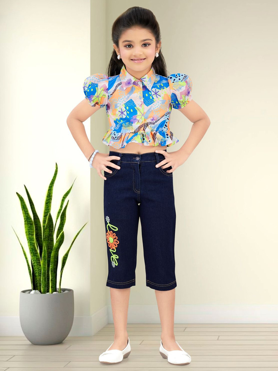 Lei-Chie Girls Printed Short Sleeves Linen Crop Shirt With Capris