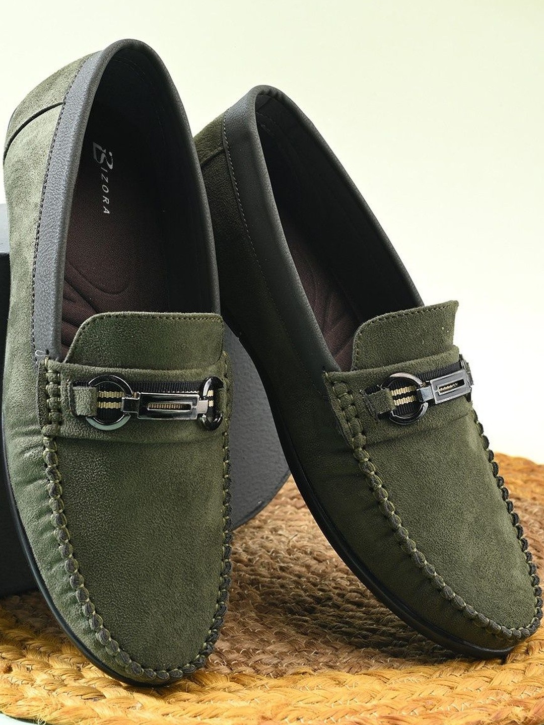BIZORA Men Olive Green Solid Slip On Metallic Buckle Accent Loafers