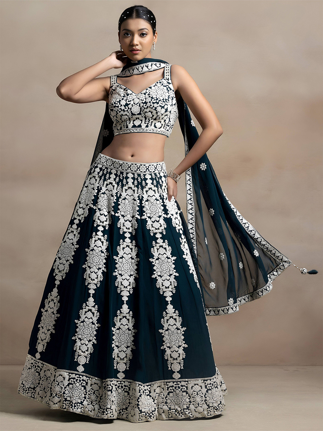 FABPIXEL Floral Embroidered Sequinned Georgette Lehenga Choli With Dupatta