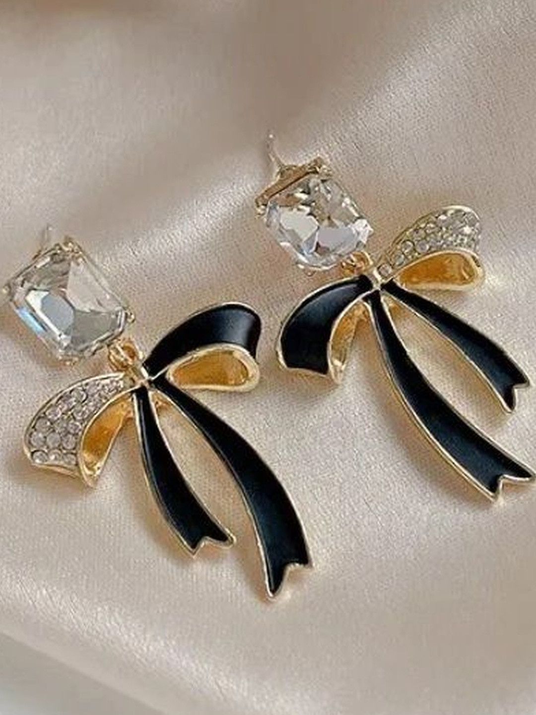 Jewelfy Women Gold-Plated Crystals Studded Bow Shapes Drop Earrings