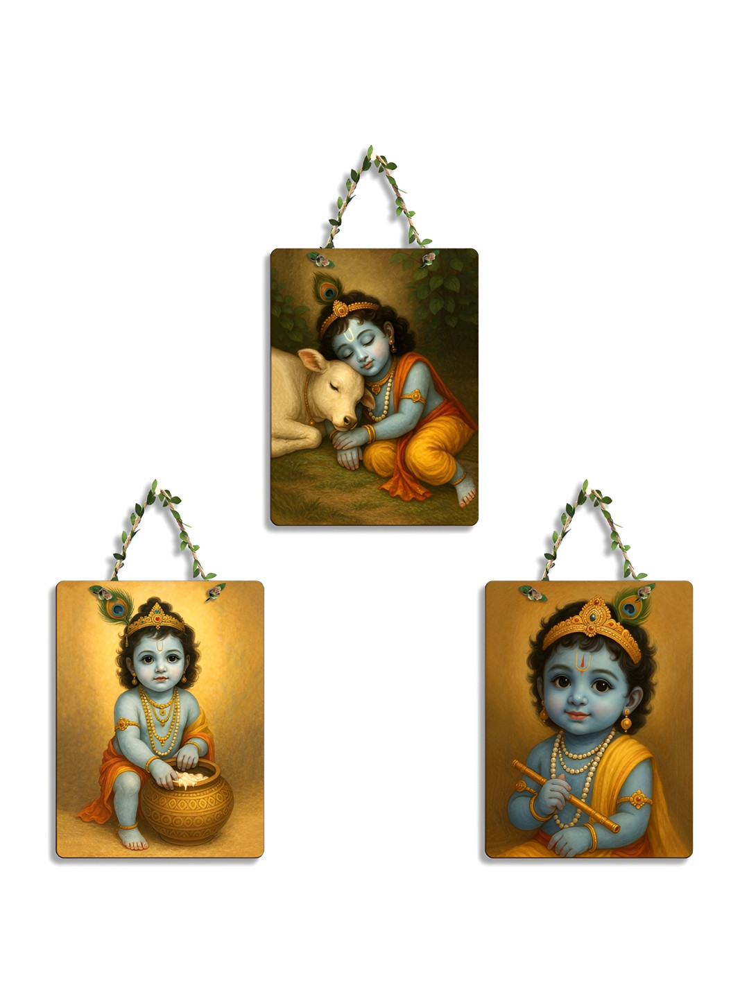 SEHAZ ARTWORKS Orange Colored & Green 3 Pieces Lord Krishan Printed Wooden Wall Arts