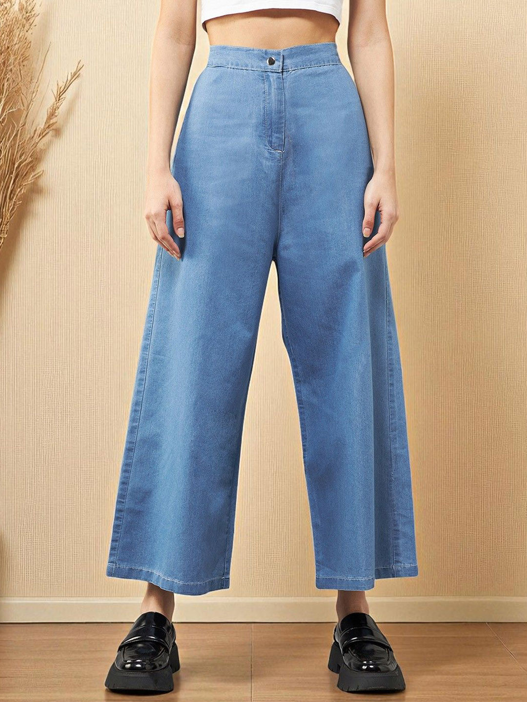 Mast & Harbour Women's Flared Wide-Leg High Rise Clean Look Regular Length Denim Pants